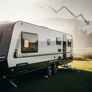 A modern caravan parked on a grassy hill with a downward trending line in the background to signify lower interest rates on new caravans in 2025