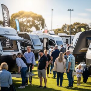 A sunny day for people at a caravan show browsing the new models on display in 2025